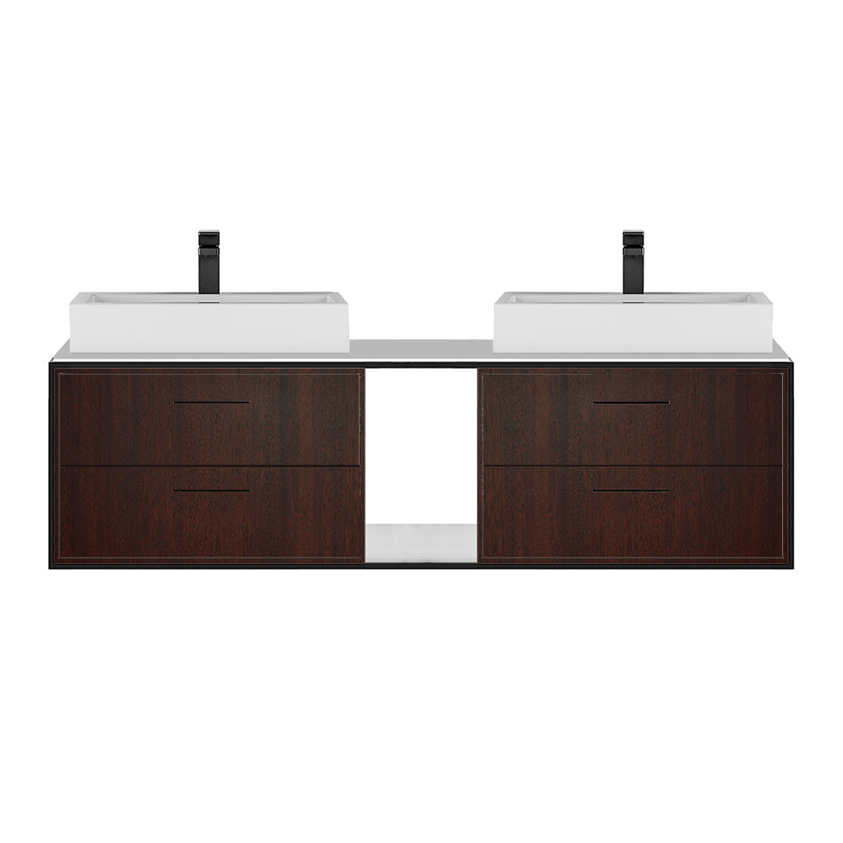 Cabinet of wall-mount under-counter vanity LIN-VS-60A with four drawers (pulls included), metal frame,  solid surface countertop and shelf. W: 59", D: 21", H: 15". - Maison&Co.