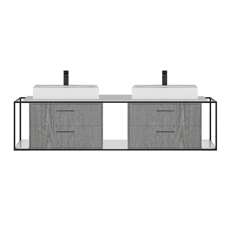 Cabinet of wall-mount under-counter vanity LIN-VS-72A with four drawers (pulls included), metal frame,  solid surface countertop and shelf. W: 59", D: 21", H: 15". - Maison&Co.