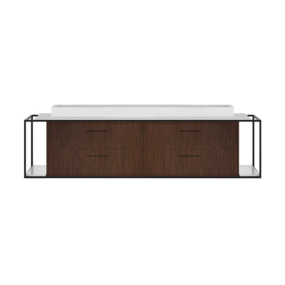 Cabinet of wall-mount under-counter vanity LIN-VS-72B with four drawers (pulls included), metal frame,  solid surface countertop and shelf. W: 59", D: 21", H: 15". - Maison&Co.