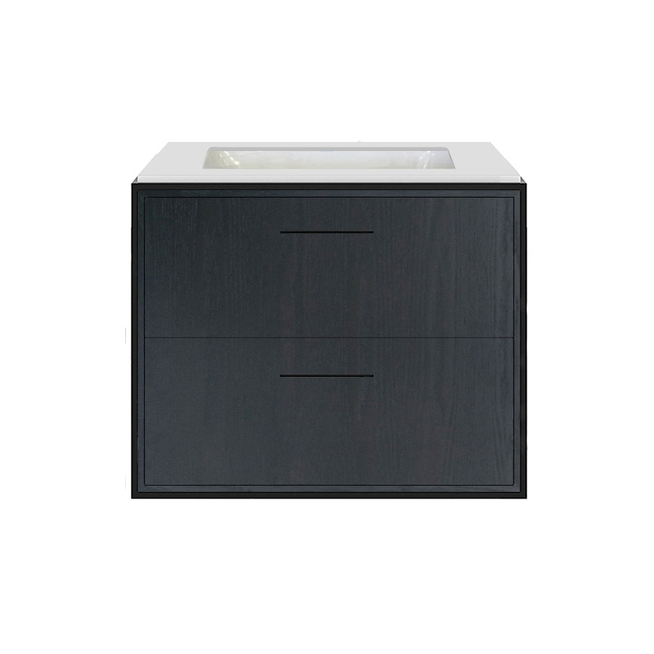 Cabinet of wall-mount under-counter vanity LIN-UN-24 with two drawers (pulls included), metal frame,  solid surface countertop and shelf. W: 23", D: 21", H: 19".