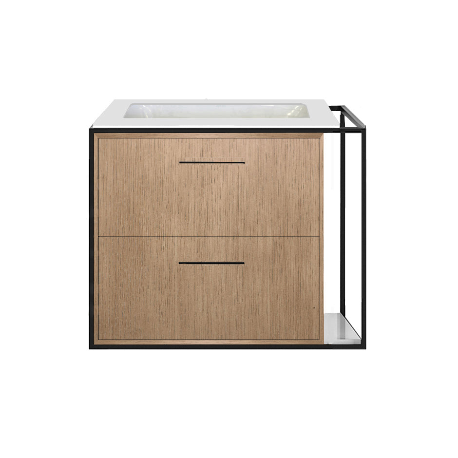 Cabinet of wall-mount under-counter vanity LIN-UN-24LF with sink on the left,  two drawers (pulls included), metal frame,  solid surface countertop and shelf. W: 20", D: 21", H: 19".