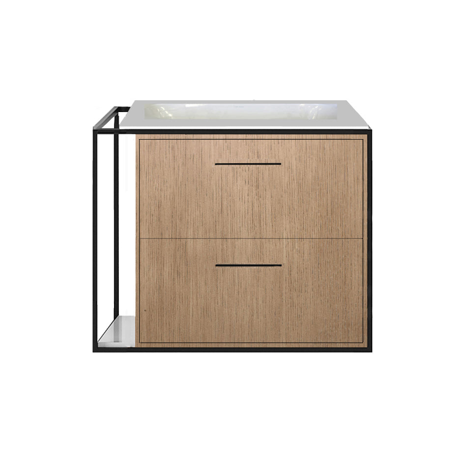 Cabinet of wall-mount under-counter vanity LIN-UN-24R with sink on the right,  two drawers (pulls included), metal frame,  solid surface countertop and shelf. W: 20", D: 21", H: 19".