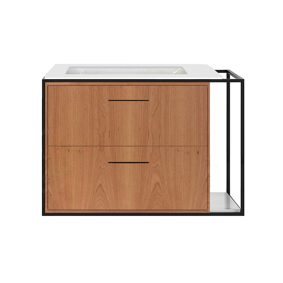 Cabinet of wall-mount under-counter vanity LIN-UN-30L with sink on the left,  two drawers (pulls included), metal frame,  solid surface countertop and shelf. W: 23", D: 21", H: 19".