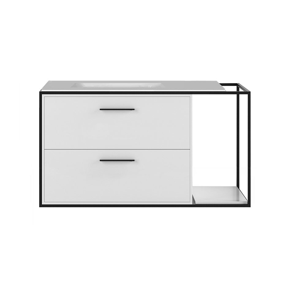 Cabinet of wall-mount under-counter vanity LIN-UN-36L with sink on the left,  two drawers (pulls included), metal frame,  solid surface countertop and shelf. W: 26", D: 21", H: 19".