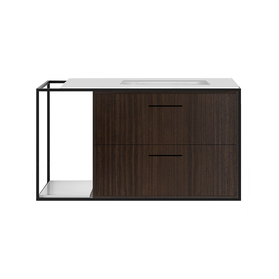 Cabinet of wall-mount under-counter vanity LIN-UN-36R with sink on the right,  two drawers (pulls included), metal frame,  solid surface countertop and shelf. W: 26", D: 21", H: 19".