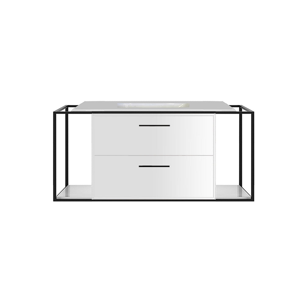 Cabinet of wall-mount under-counter vanity LIN-UN-48 with two drawers (pulls included), metal frame,  solid surface countertop and shelf. W: 29", D: 21", H: 19".