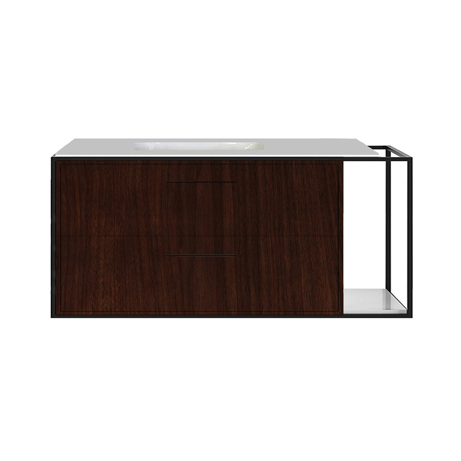 Cabinet of wall-mount under-counter vanity LIN-UN-48L with sink on the left,  two drawers (pulls included), metal frame,  solid surface countertop and shelf. W: 38", D: 21", H: 19".