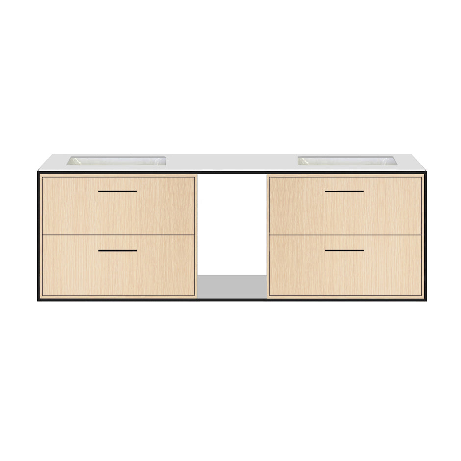 Cabinet of wall-mount under-counter vanity LIN-UN-60A with four drawers (pulls included), metal frame,  solid surface countertop and shelf. W: 59", D: 21", H: 19".