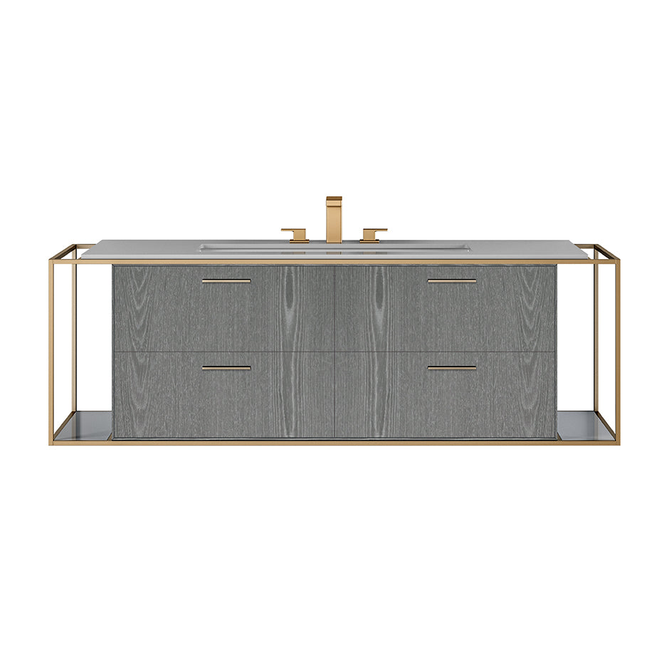 Cabinet of wall-mount under-counter vanity LIN-UN-60B with four drawers (pulls included), metal frame,  solid surface countertop and shelf. W: 47", D: 21", H: 19". - Maison&Co.