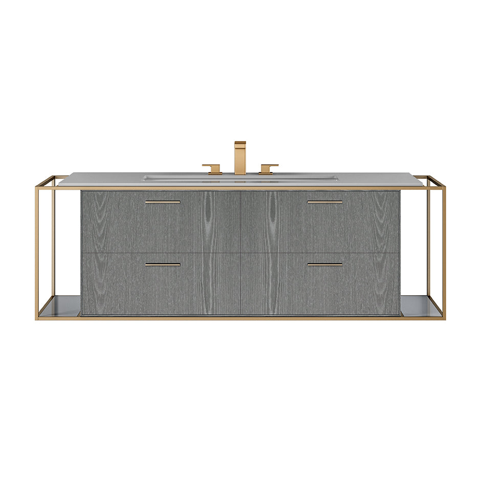Cabinet of wall-mount under-counter vanity LIN-UN-60B with four drawers (pulls included), metal frame,  solid surface countertop and shelf. W: 47", D: 21", H: 19".