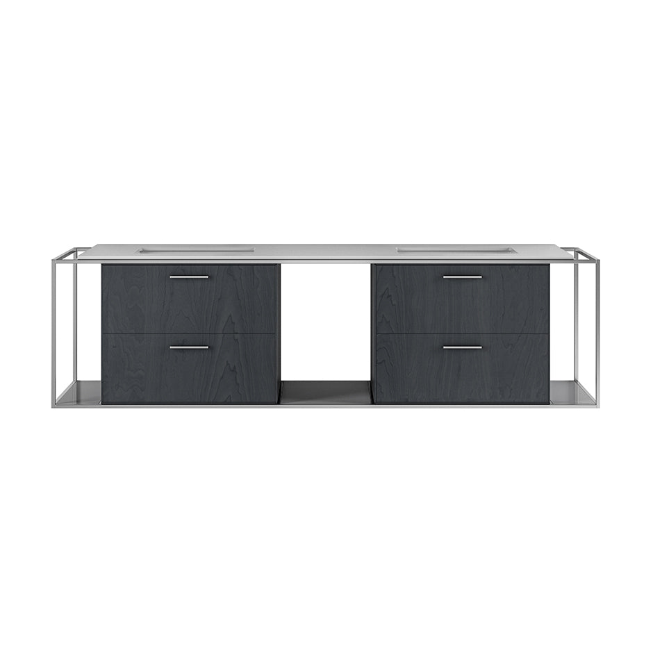 Cabinet of wall-mount under-counter vanity LIN-UN-72A with four drawers (pulls included), metal frame,  solid surface countertop and shelf. W: 59", D: 21", H: 19".