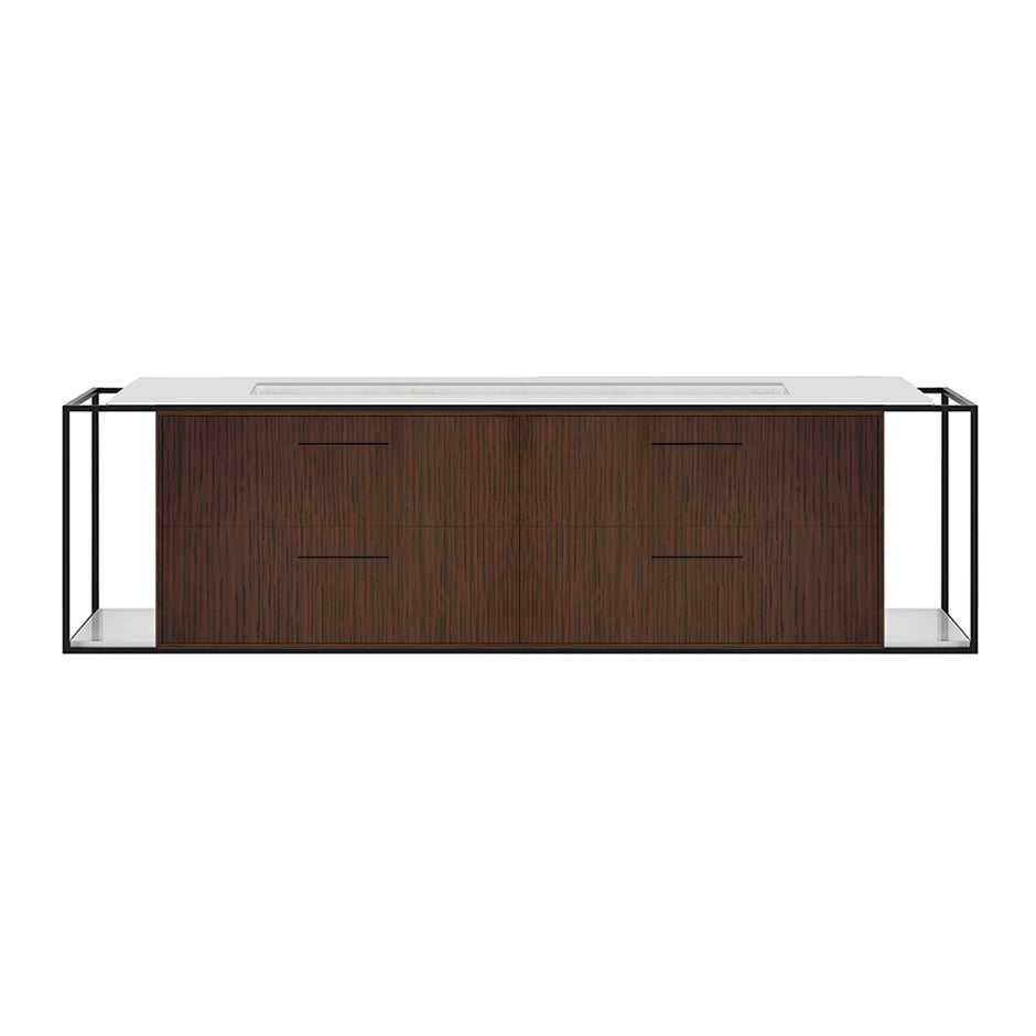 Cabinet of wall-mount under-counter vanity LIN-UN-72B with four drawers (pulls included), metal frame,  solid surface countertop and shelf. W: 59", D: 21", H: 19".