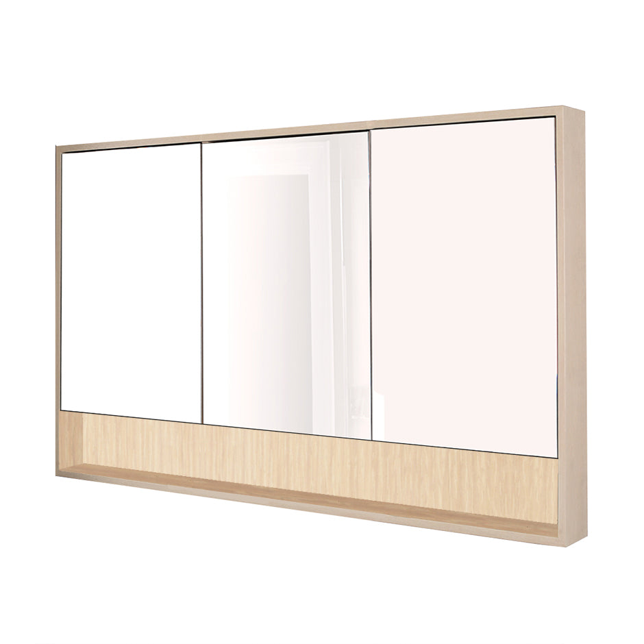 Surface-mount medicine cabinet with three mirrored doors, three adjustable glass shelves in each section and LED lights in cubby.  W: 53", D: 5", H: 34". - Maison&Co.