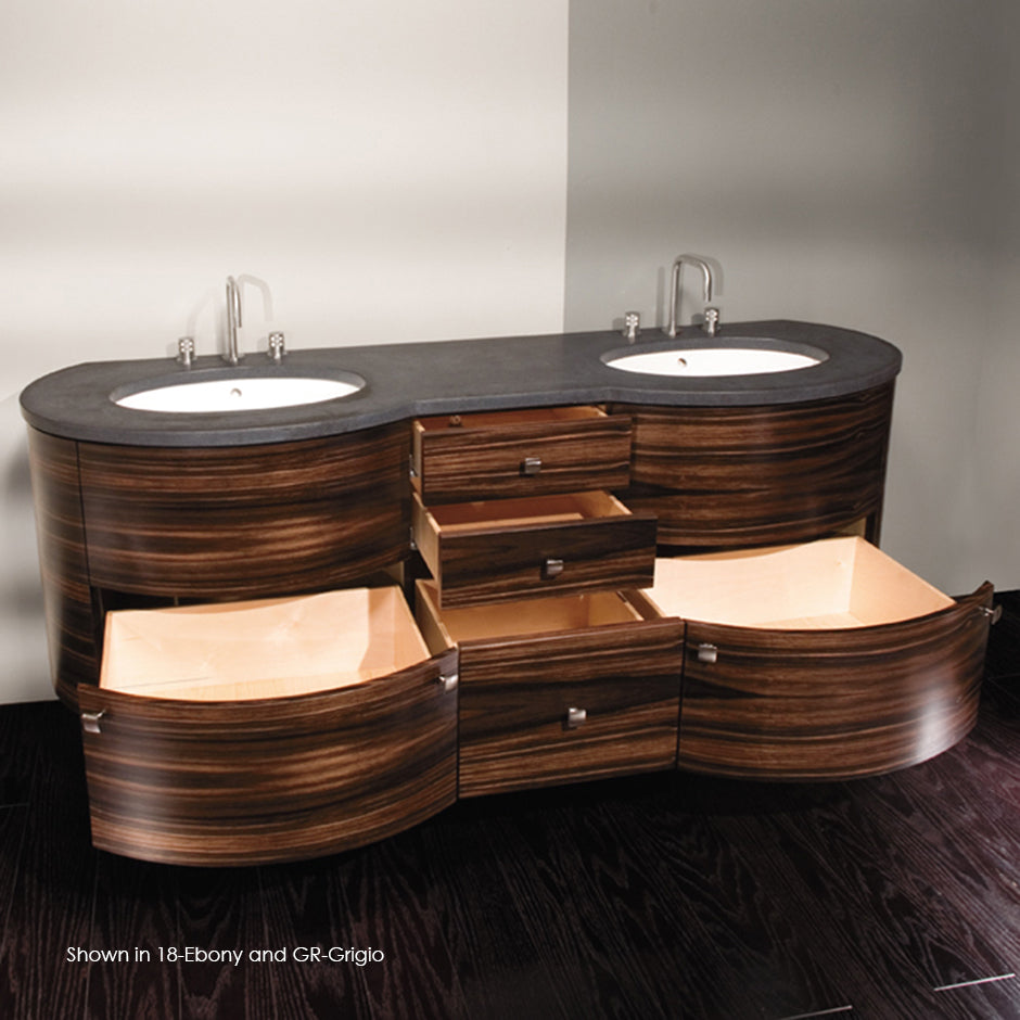 Free-standing under-counter double vanity, with five drawers and brushed nickel pulls. 72"W x 22 "D x 31 1/2"H, countertop sold separately. - Maison&Co.