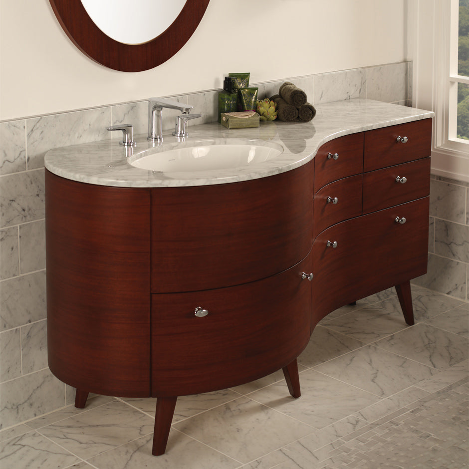 Free-standing under-counter vanity for one Bathroom Sink on the left, with four small drawers and two large bottom drawers, brushed nickel pulls included. W: 59 1/2", D: 21 1/4", H: 31 3/4". - Maison&Co.