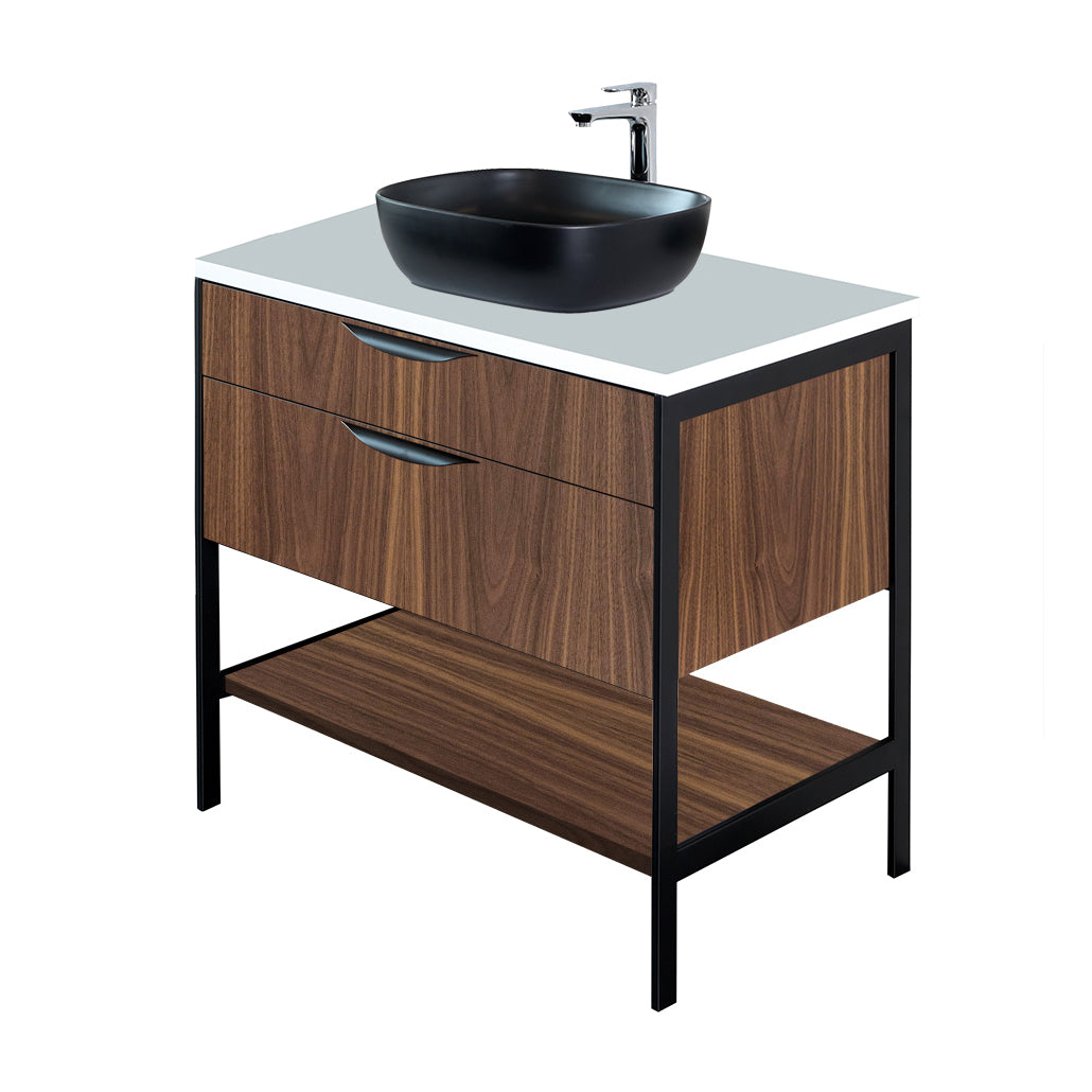 Cabinet of free standing under-counter vanity which  with two wide drawers, bottom wood shelf and metal frame (pulls included).  W: 29 1/2", D: 21 3/4", H: 14". - Maison&Co.
