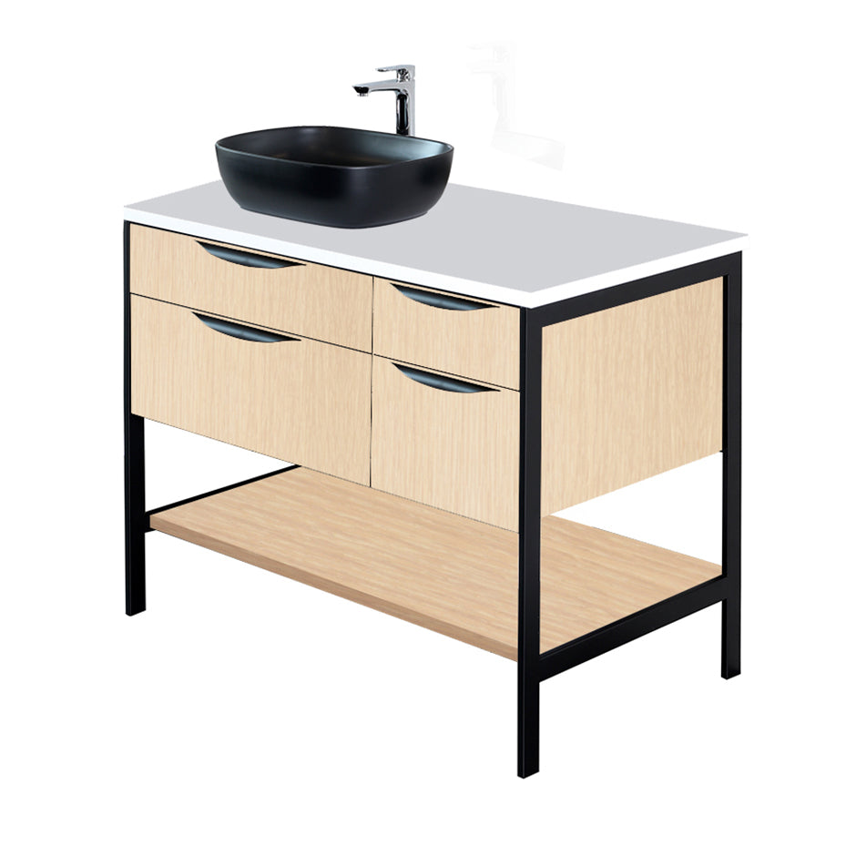 Cabinet of free standing under-counter vanity with four drawers, bottom wood shelf and metal frame (pulls included). Sink on the left.   W: 35 1/2", D: 21 3/4", H: 14". - Maison&Co.