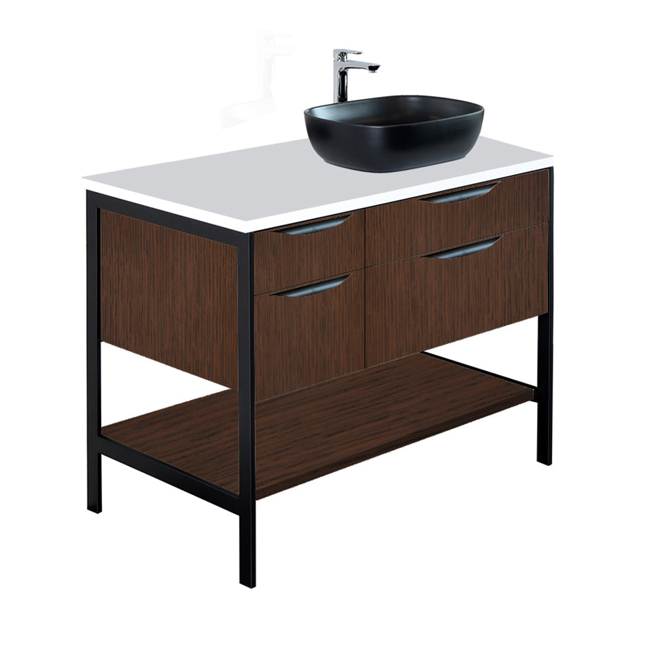 Cabinet of free standing under-counter vanity with four drawers, bottom wood shelf and metal frame (pulls included). Sink on the right.   W: 35 1/2", D: 21 3/4", H: 14". - Maison&Co.