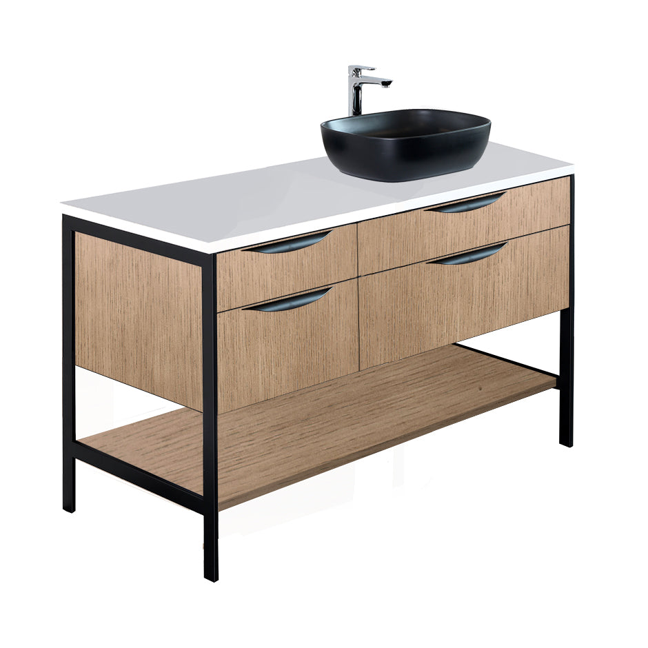 Cabinet of free standing under-counter vanity with four drawers, bottom wood shelf and metal frame (pulls included). Sink on the right.   W: 46 1/2", D: 21 3/4", H: 14". - Maison&Co.