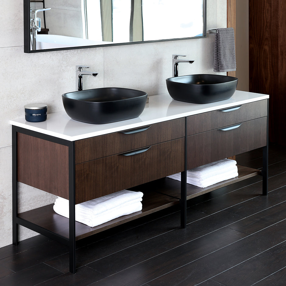 Countertop  in white solid surface, stone or quartz, for vanity NAV-UN-72 - faucet holes centered behind the sink/s unless specified in another location. W: 72", D: 22", H: 1". - Maison&Co.