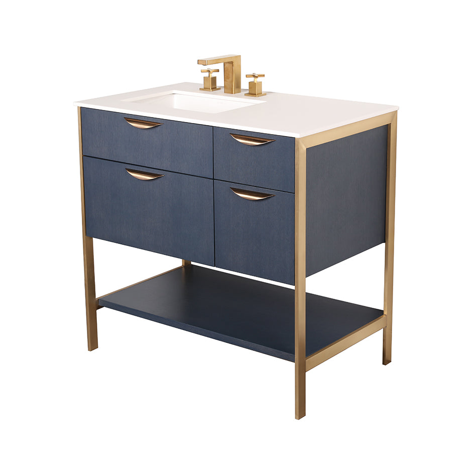 Cabinet of free standing under-counter vanity with three drawers, bottom wood shelf and metal frame (pulls included). Sink on the left.   W: 34 1/2", D: 21 3/4", H: 17 3/4". - Maison&Co.