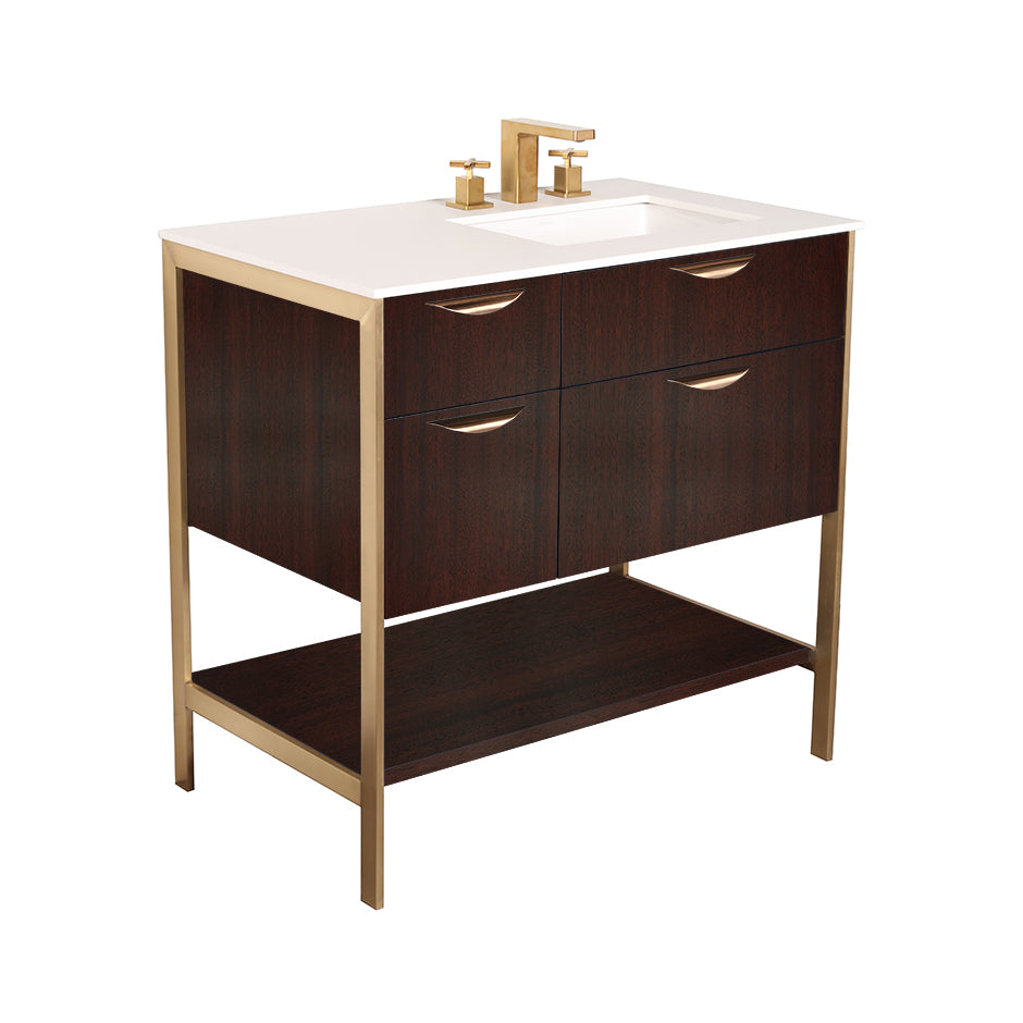 Cabinet of free standing under-counter vanity with three drawers, bottom wood shelf and metal frame (pulls included). Sink on the right. W: 34 1/2", D: 21 3/4", H: 17 3/4". - Maison&Co.