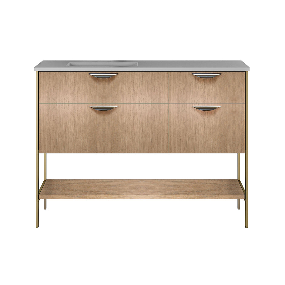 Cabinet of free standing under-counter vanity with three drawers, bottom wood shelf and metal frame (pulls included). Sink on the left.  W: 46 1/2", D: 21 3/4", H: 17 3/4". - Maison&Co.