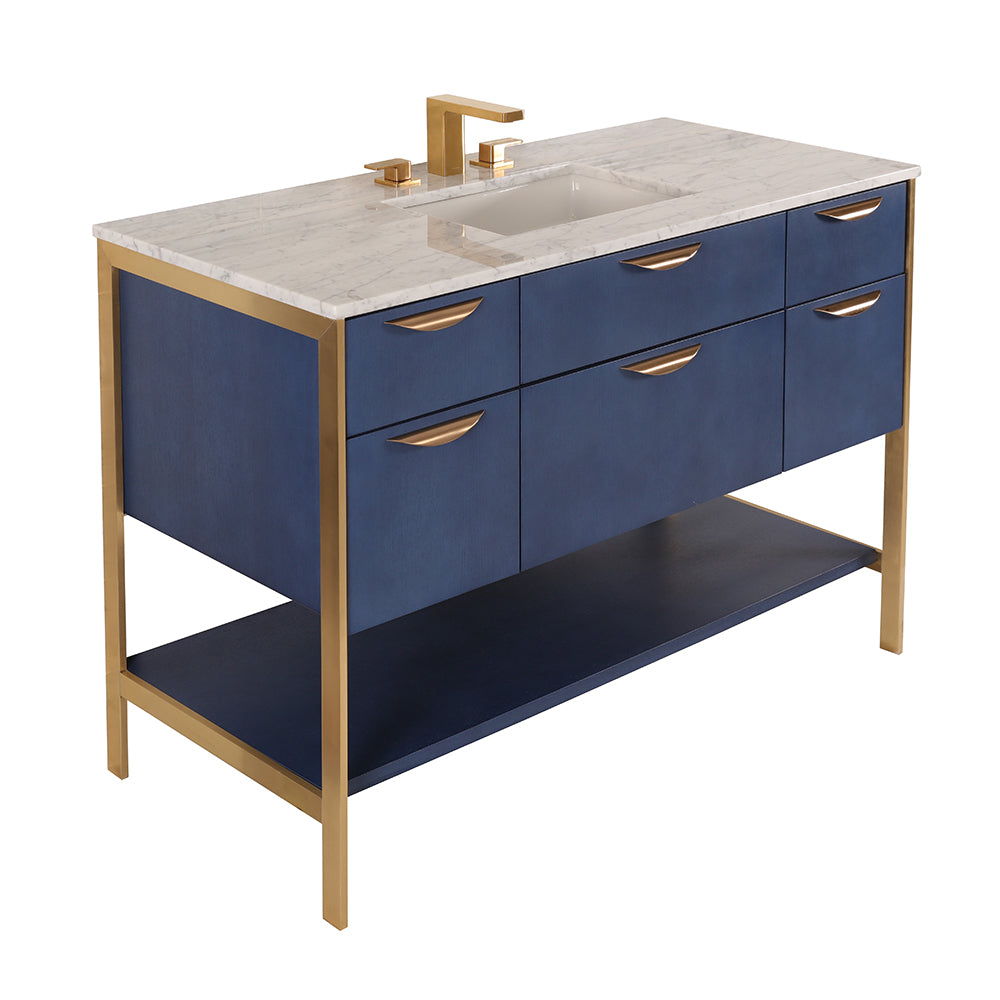 Cabinet of free standing under-counter vanity with five drawers, bottom wood shelf and metal frame (pulls included).  W: 46 1/2", D: 21 3/4", H: 17 3/4". - Maison&Co.