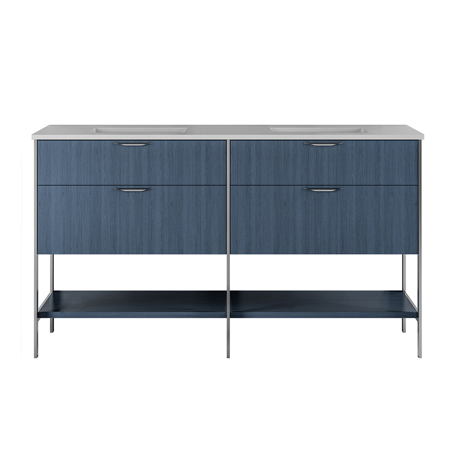 Cabinet of free standing under-counter vanity  with two drawers,  two bottom wood shelves and metal frame (pulls included).  W: 58 1/2", D: 21 3/4", H: 17 3/4". - Maison&Co.