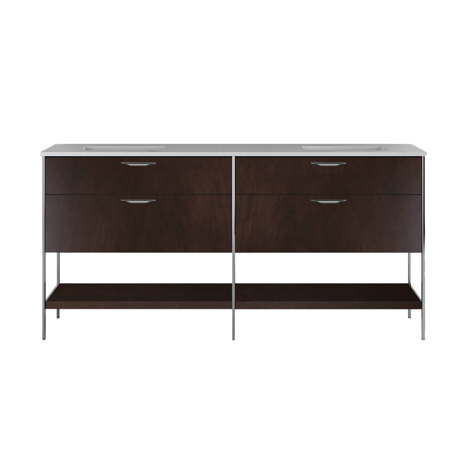 Cabinet of free standing under-counter vanity with four drawers,  two bottom wood shelves and metal frame (pulls included).  W: 70 1/2", D: 21 3/4", H: 17 3/4". - Maison&Co.