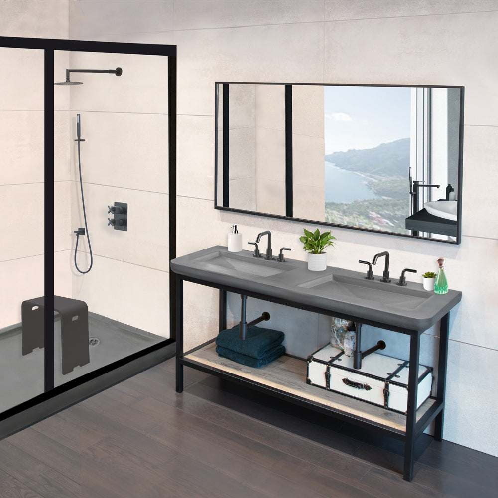 Floor-standing metal console stand made of stainless steel or brass. It must be attached to wall. Sink CT680 sold separately. W: 64", D: 21", H: 32" - Maison&Co.