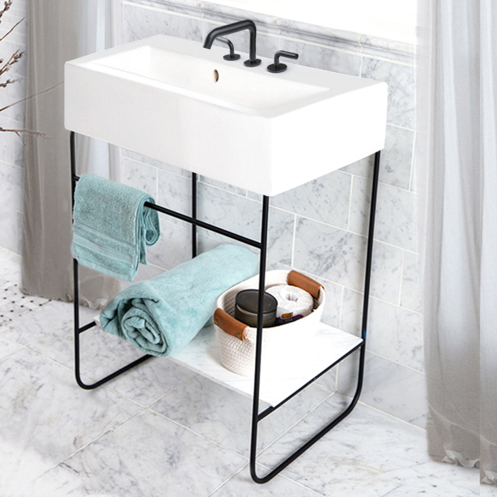 Floor-standing welded metal console stand with a towel bar and shelf. It must be attached to wall. Sink 5464 or vessel sink with countertop SUA-25T sold separately. W: 22-3/4", D: 18-1/8", H: 29". Matte Black - Maison&Co.