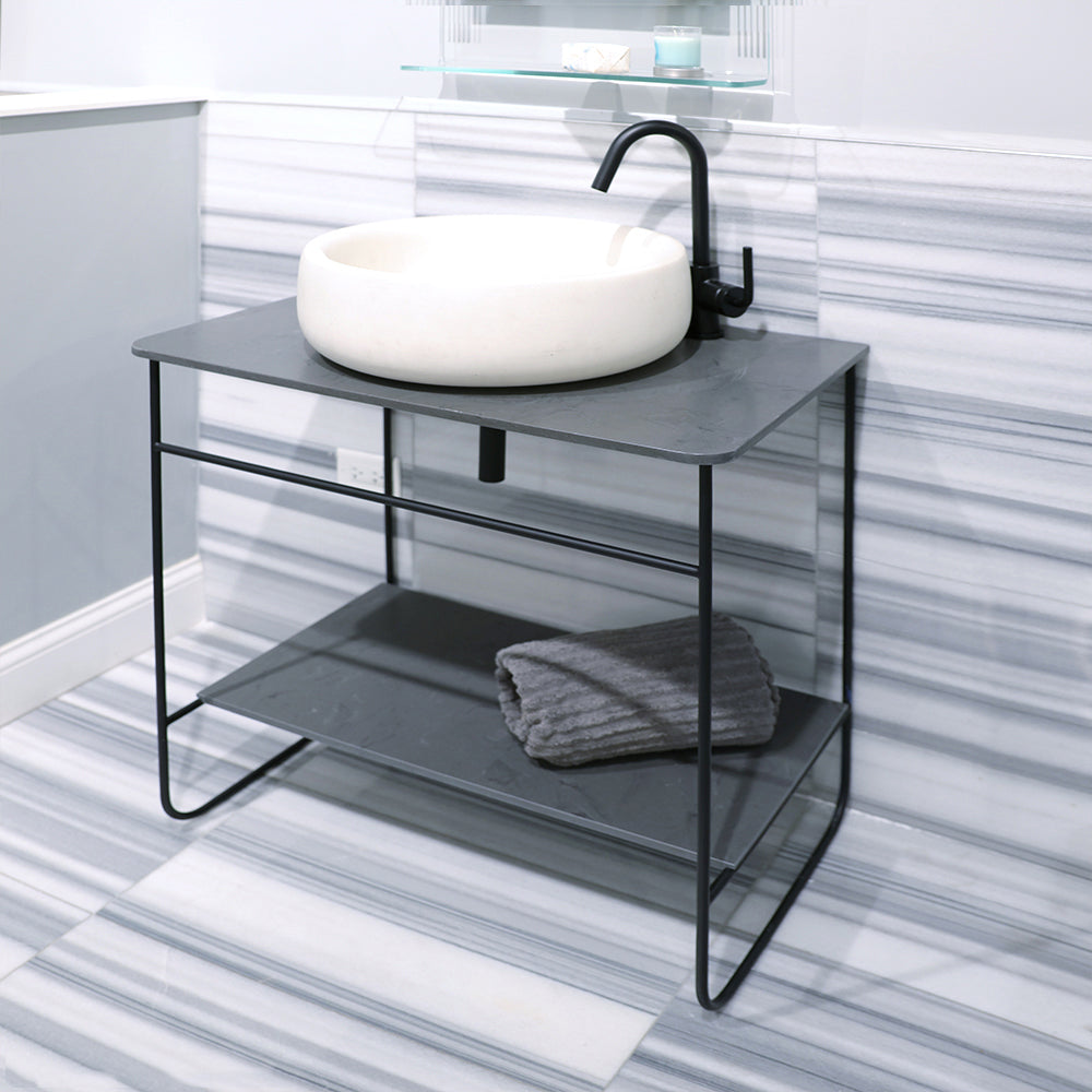 Floor-standing welded metal console stand with a towel bar and shelf. It must be attached to wall. Vessel sink with countertop SUA-36T sold separately. W: 33-3/4", D: 18-1/8", H: 29". Matte Black - Maison&Co.
