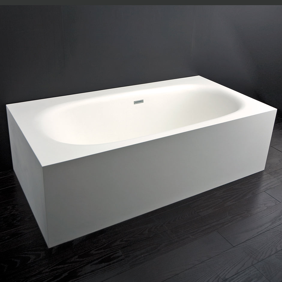 Free-standing soaking bathtub made of white solid surface with an overflow, net weight 507 lbs, water capacity 73 gal. Decorative solid surface drain and adjustable feet are included. 70 7/8"W, 36 5/8"D, 21 5/8"H. - Maison&Co.