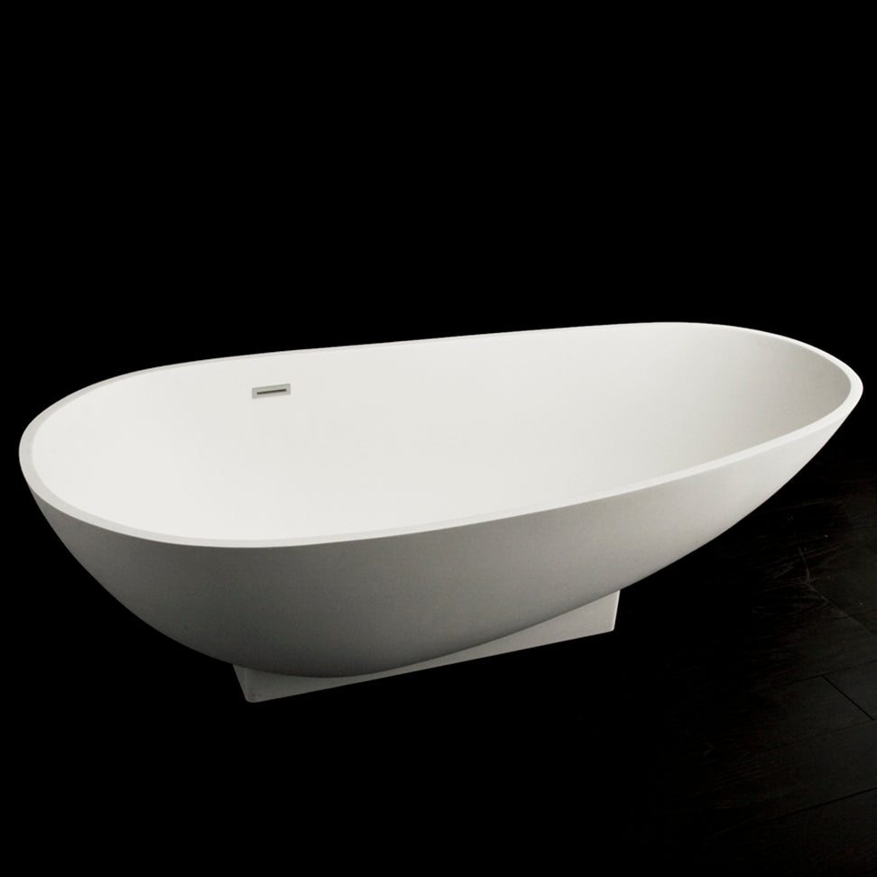 Free-standing soaking bathtub made of white solid surface with an overflow and polished chrome drain, net weight 232lbs. Water capacity 87 gal.W: 70 7/8”D: 32 1/4” H: 20 1/4” - Maison&Co.
