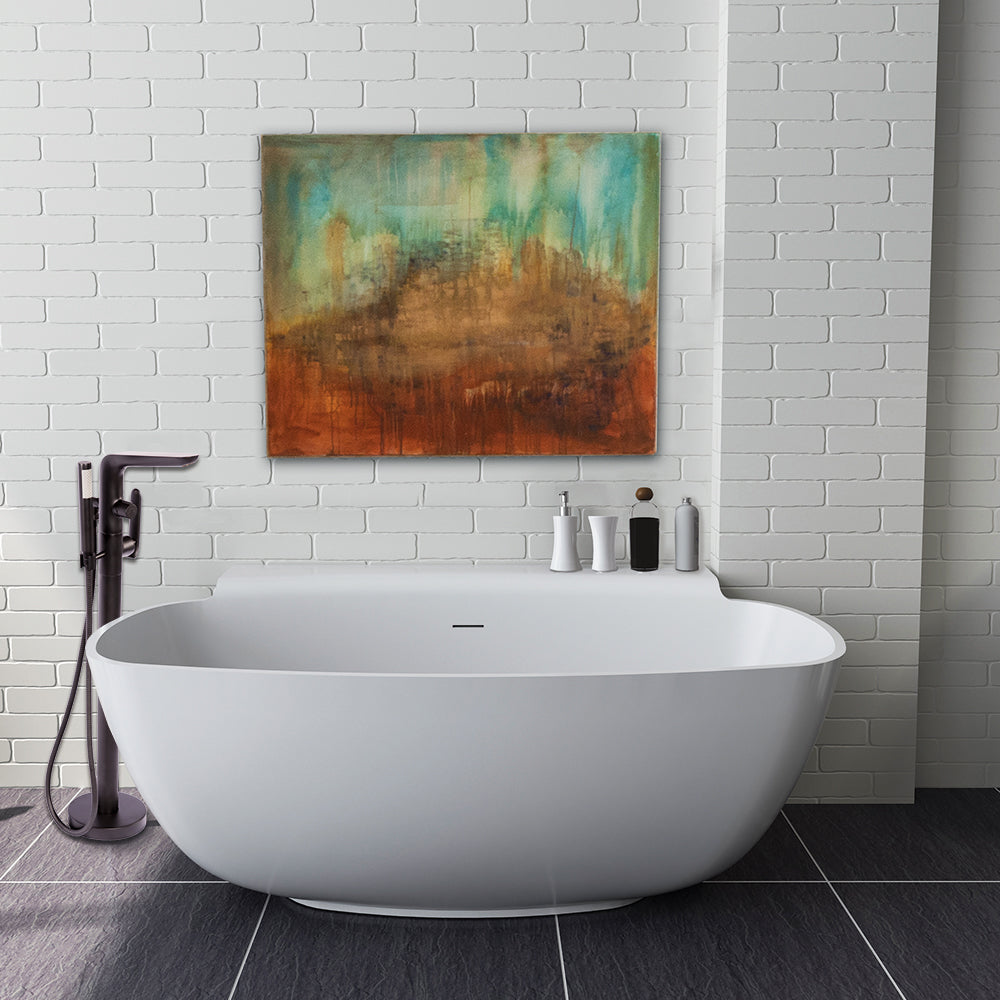 Free-standing soaking bathtub made of white solid surface with an overflow, net weight 286 lbs, water capacity 61 gal. 62 1/4"W, 32 1/4"D, 23 5/8"H. - Maison&Co.