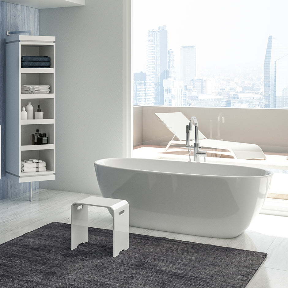 Free-standing soaking bathtub made of white solid surface with an overflow and a decorative solid surface drain; net weight 298 lbs, water capacity 73 gal. W: 63", D:31 1/2", H:21 5/8". - Maison&Co.