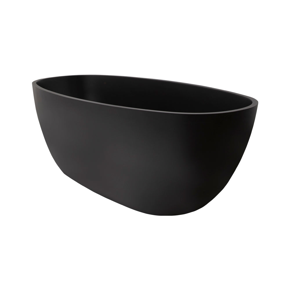 Free-standing soaking bathtub made of white solid surface with an overflow and a decorative solid surface drain; net weight 298 lbs, water capacity 73 gal. W: 63", D:31 1/2", H:21 5/8". - Maison&Co.