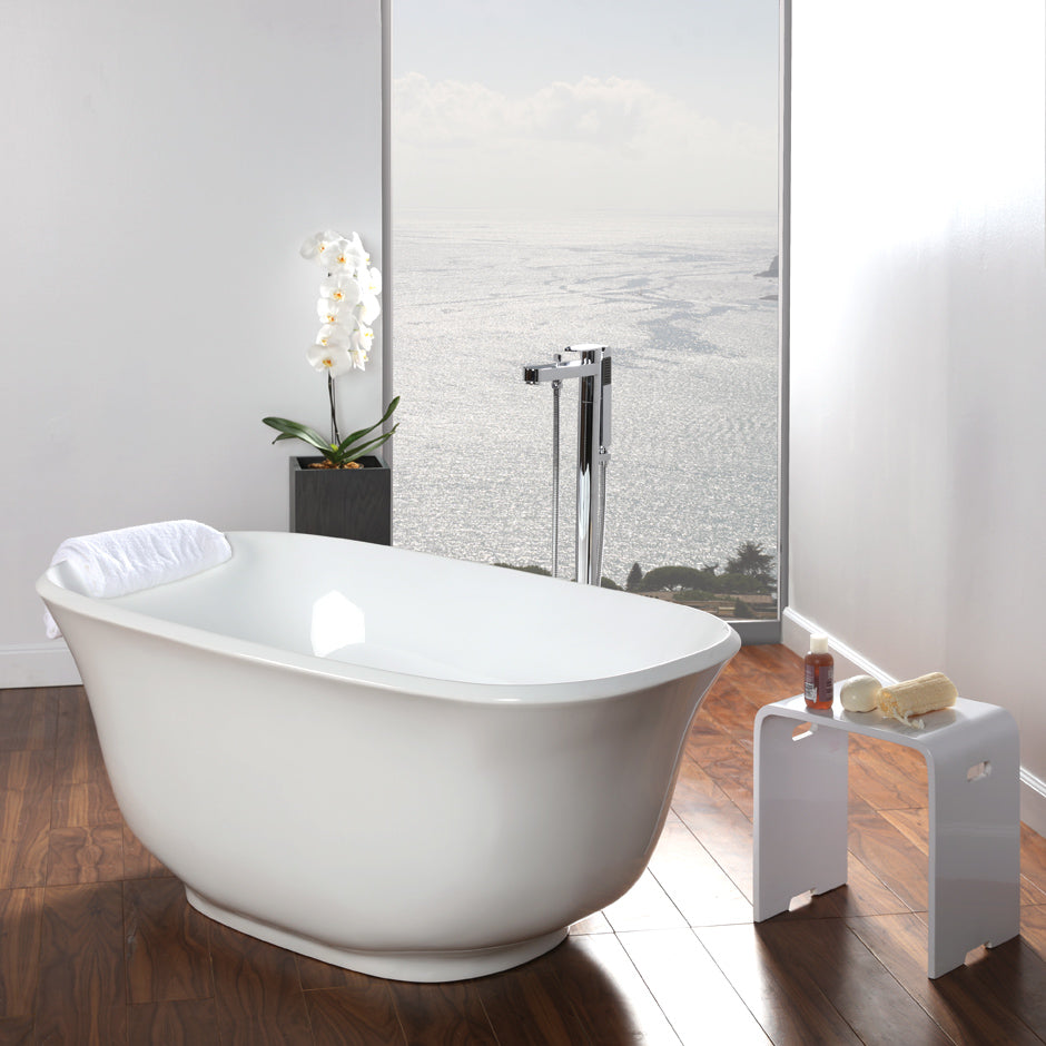 Free-standing soaking bathtub made of luster white acrylic with an overflow and polished chrome drain, net weight 84 lbs, water capacity 58 gal. W: 59", D: 30 3/4", H: 23 5/8". - Maison&Co.