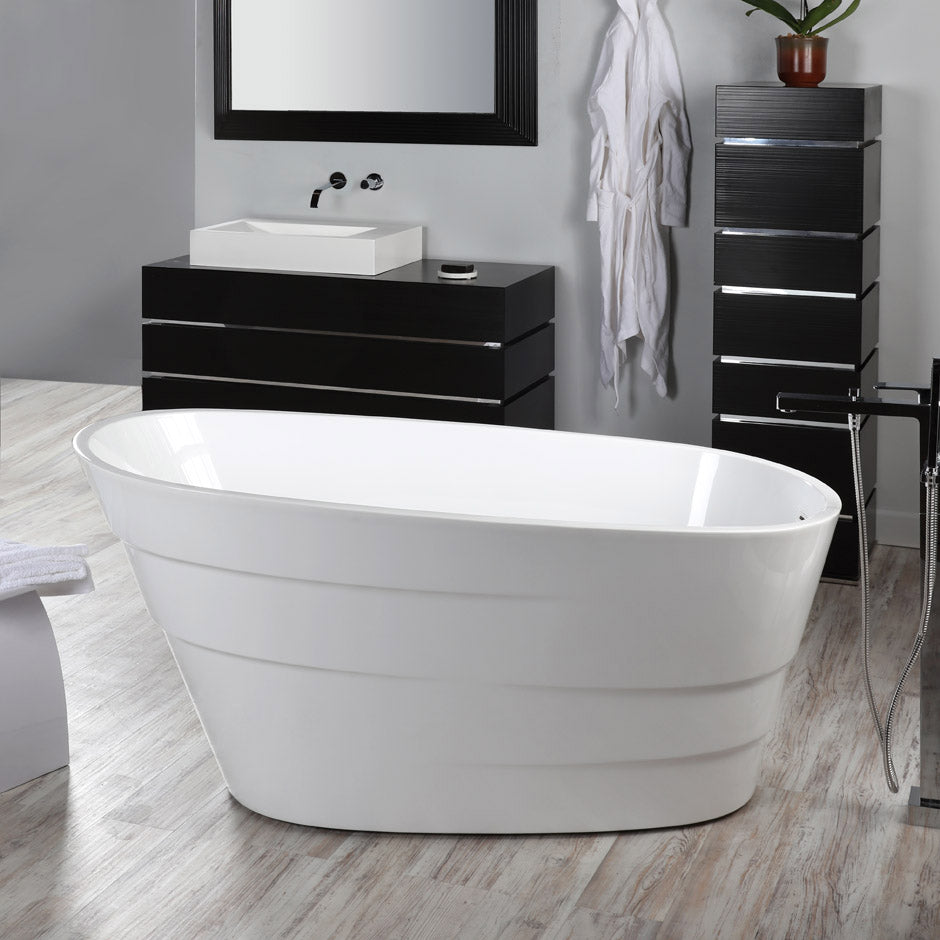 Free-standing soaking bathtub made of luster white acrylic with an overflow and polished chrome drain, net weight 88 lbs, water capacity 62 gal. W: 59", D: 31 1/2", H: 28 3/8". - Maison&Co.