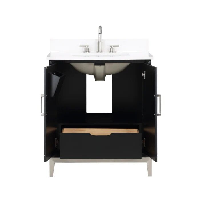 Gracie 30" Bathroom Vanity, Black with White Quartz top Brushed Nickel Trim - Maison&Co.