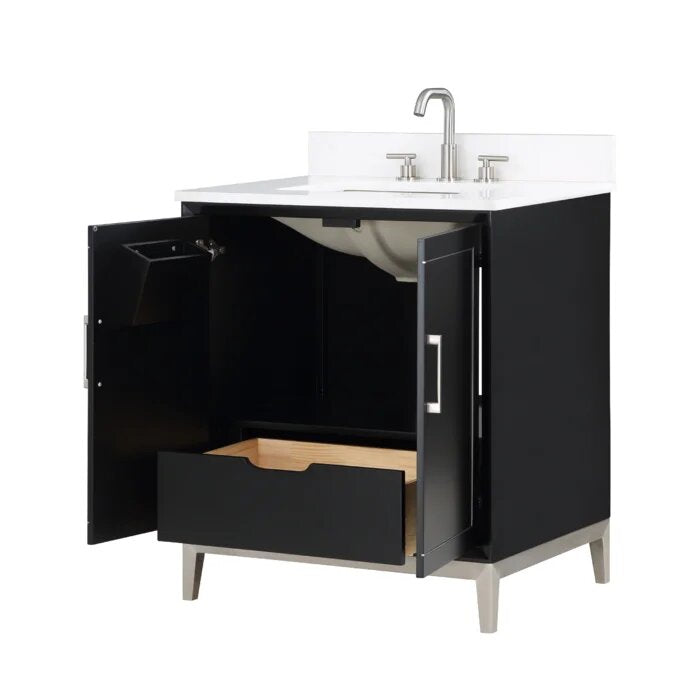 Gracie 30" Bathroom Vanity, Black with White Quartz top Brushed Nickel Trim - Maison&Co.