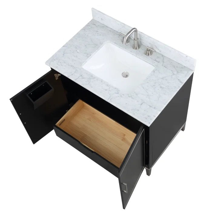 Gracie 36" Bathroom Vanity, Black with Carrara Marble top Brushed Nickel Trim - Maison&Co.