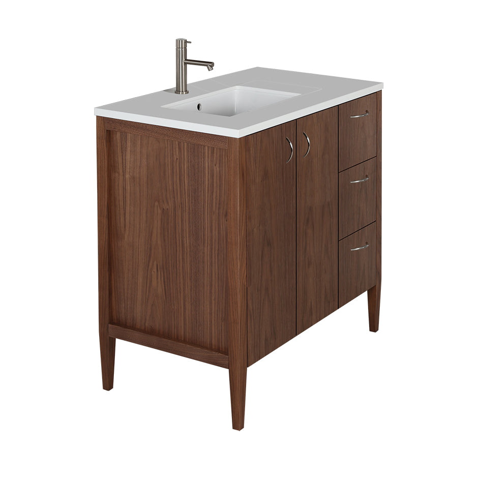 Free-standing under-counter vanity with two doors on the left an three drawers on the right(pulls included). Counter top LRS-36LT and Bathroom Sink 5062UN are sold separately. W: 35 1/2", D: 20 3/4", H: 34 1/4". - Maison&Co.