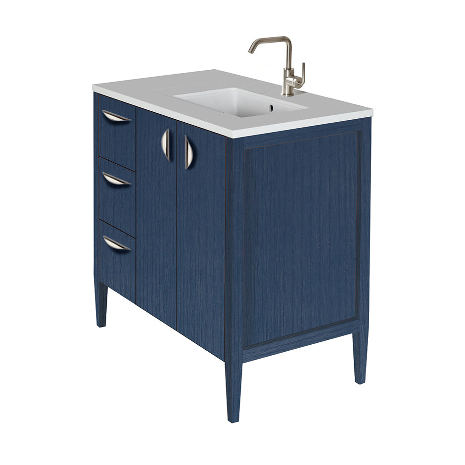 Free-standing under-counter vanity with three drawers on the left an two doors on the right(pulls included). Counter top LRS-36RT and Bathroom Sink 5062UN are sold separately. W: 35 1/2", D: 20 3/4", H: 34 1/4". - Maison&Co.