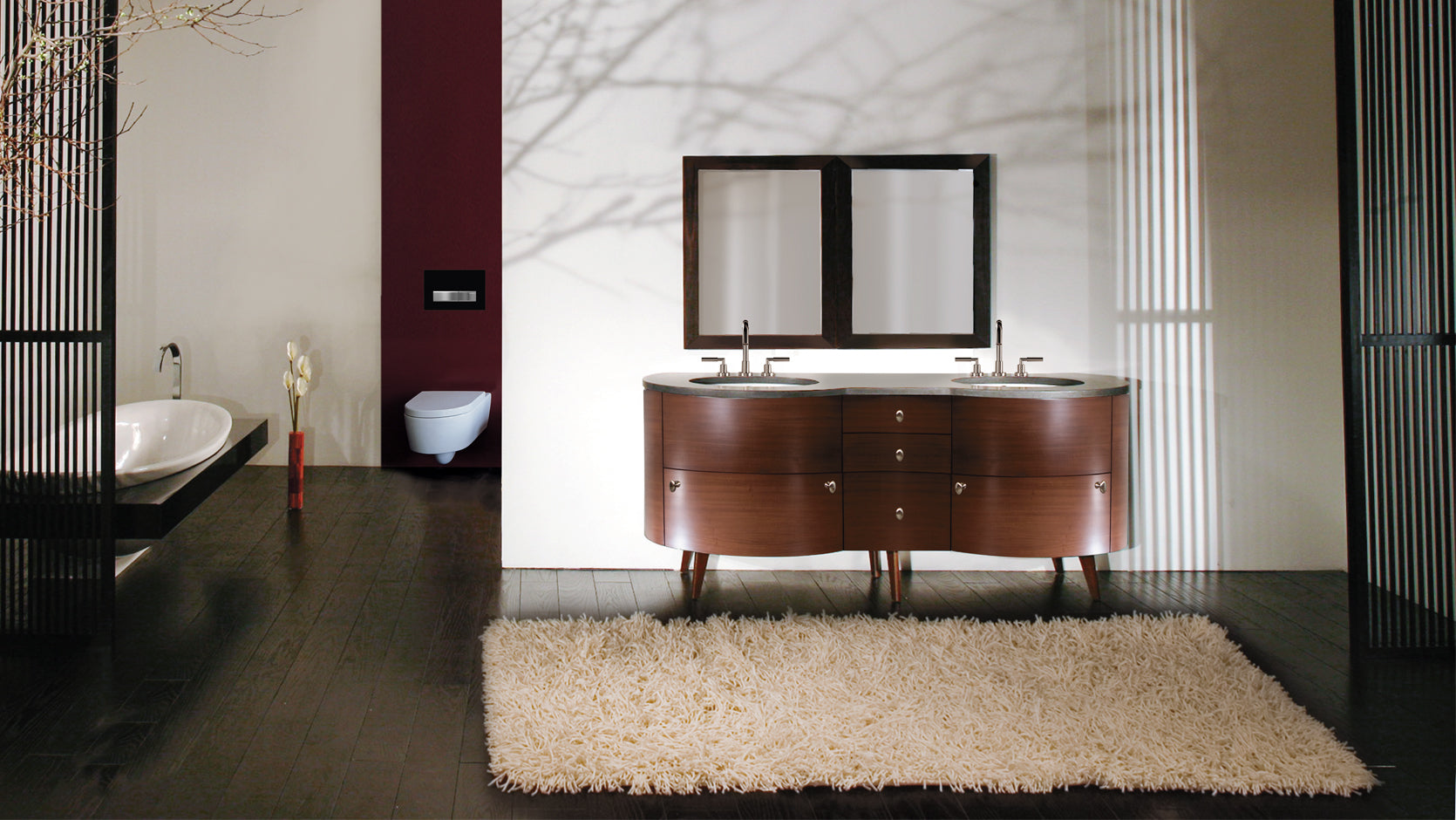 Free-standing under-counter double vanity, with five drawers and brushed nickel pulls. 72"W x 22 "D x 31 1/2"H, countertop sold separately. - Maison&Co.