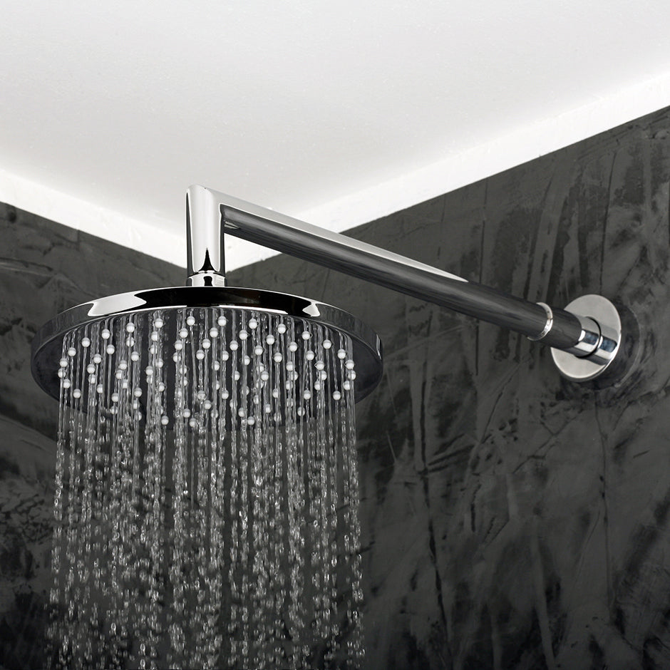 Wall-mount tilting round rain shower head, 75 rubber nozzles. Arm and flange sold separately.