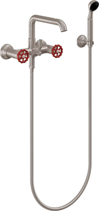 California Faucets - 0906-80WR.18-SN - Industrial Wall Mount Tub Filler - Low Quad Spout - Satin Nickel  - Descanso