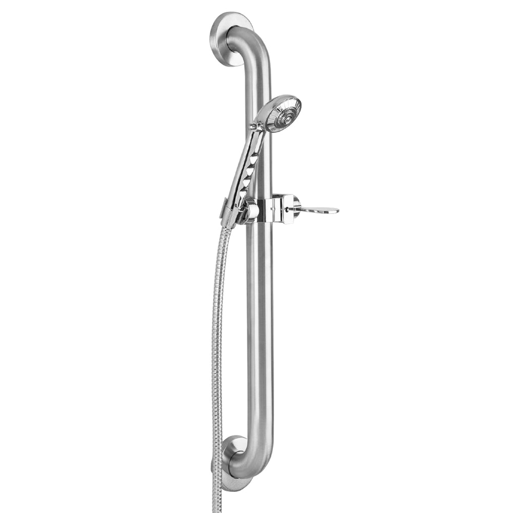 Chrome Sliding Handshower Mount on Stainless Steel Grab Bar with Handshower Set Up in Polished Chrome (PCH) Finish