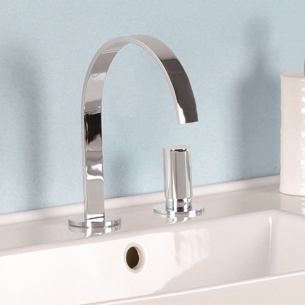Deck-mount two-hole faucet with an arch spout, knob handle, drain not included. Water flow rate: 3.7 gpm at 60 psi.